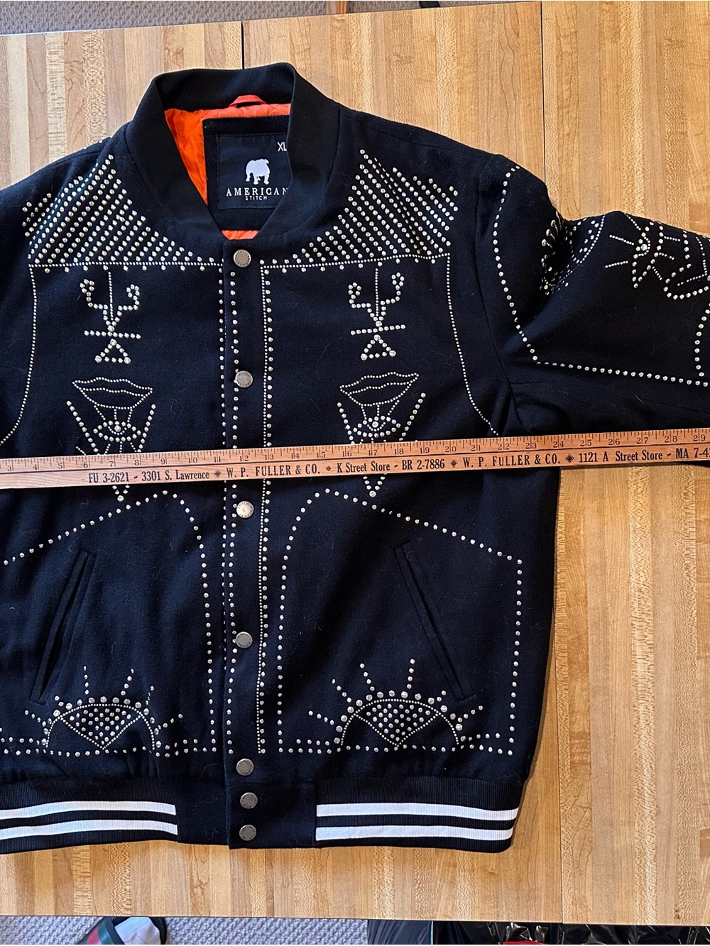 American Stitch Black Varsity Bomber Jacket with Orange Lining and Silver Studs